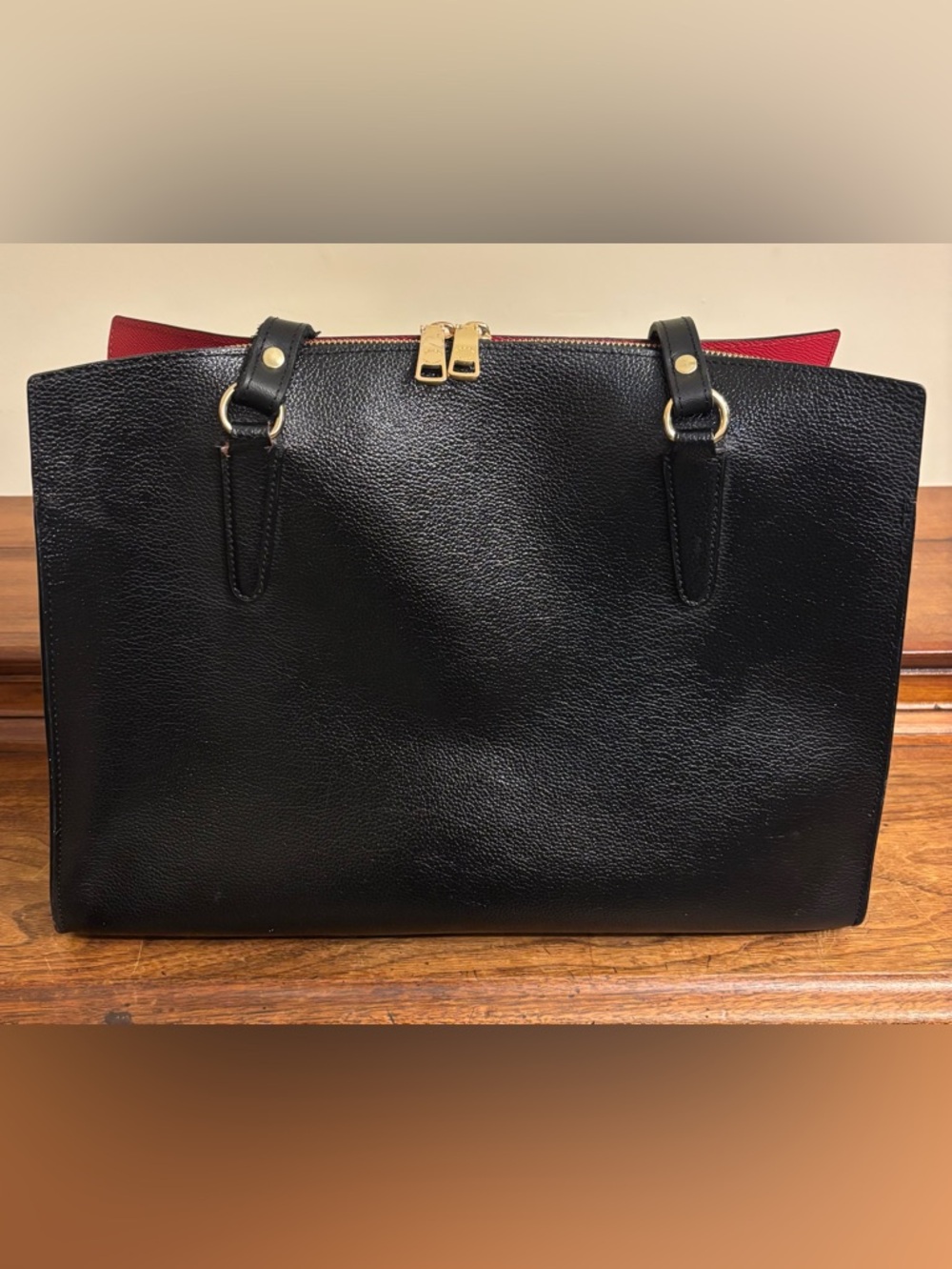 Coach Black Leather Tote with Red Interior Accent - Picture 5 of 14